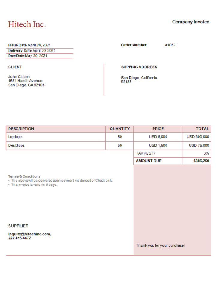 USA Hitech Inc. invoice PSD template